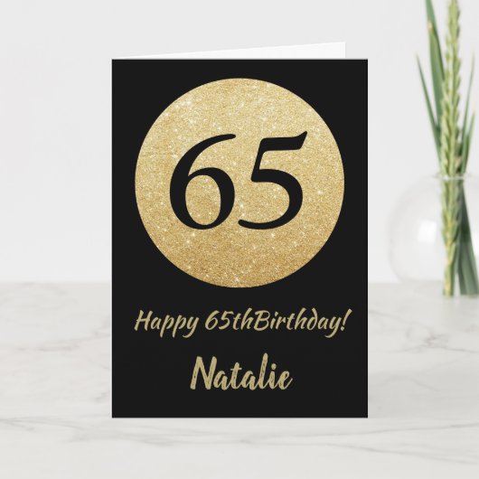 Happy 65th Birthday Black en Gold Glitter Card Kaart (Voorkant)