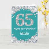 Happy 65th Birthday Blauwgroen en Silver Glitter C Kaart (Gele Bloem)