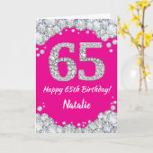 Happy 65th Birthday Hot Pink en Silver Glitter Kaart (Gele Bloem)