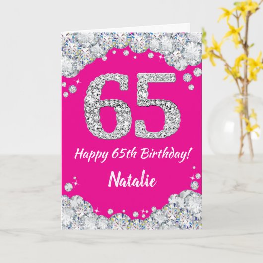 Happy 65th Birthday Hot Pink en Silver Glitter Kaart (Gele Bloem)