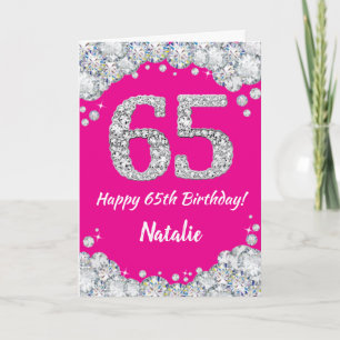 Happy 65th Birthday Hot Pink en Silver Glitter Kaart