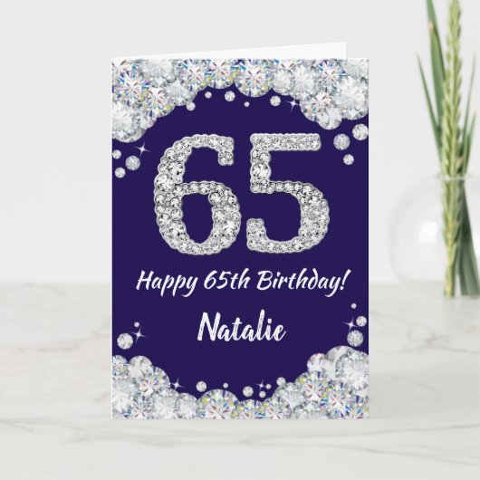 Happy 65th Birthday Navy Blue en Silver Glitter Kaart (Voorkant)