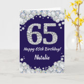 Happy 65th Birthday Navy Blue en Silver Glitter Kaart (Gele Bloem)