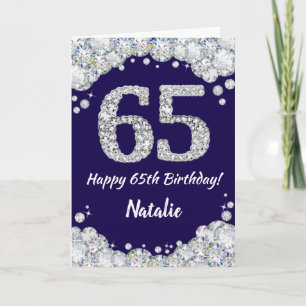 Happy 65th Birthday Navy Blue en Silver Glitter Kaart