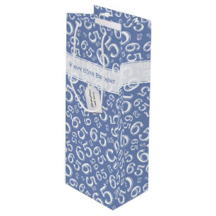 Happy 65th Birthday Number Pattern Blue and White Wijn Cadeautas