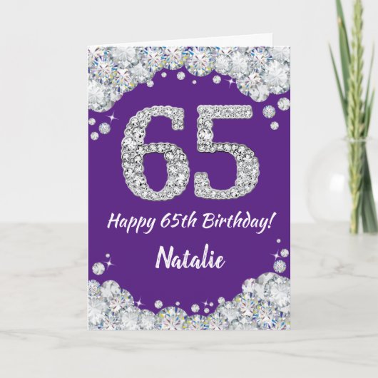 Happy 65th Birthday Paars en Silver Glitter Card Kaart (Voorkant)