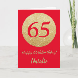 Happy 65th Birthday Red en Gold Glitter Card Kaart