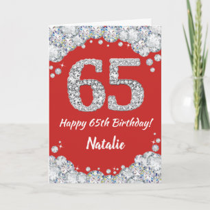 Happy 65th Birthday Red en Silver Glitter Card Kaart