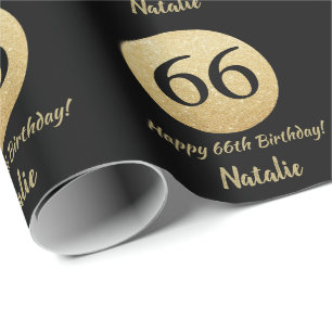 Happy 66th Birthday Black en Gold Glitter Cadeaupapier