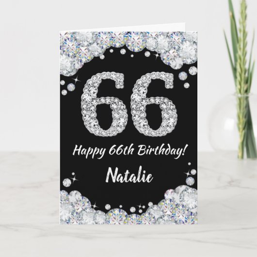Happy 66th Birthday Black en Silver Glitter Card Kaart (Voorkant)