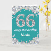 Happy 66th Birthday Blauwgroen en Silver Glitter C Kaart (Gele Bloem)