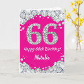 Happy 66th Birthday Hot Pink en Silver Glitter Kaart (Gele Bloem)
