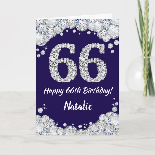 Happy 66th Birthday Navy Blue en Silver Glitter Kaart (Voorkant)
