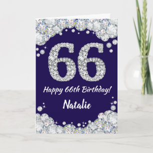 Happy 66th Birthday Navy Blue en Silver Glitter Kaart