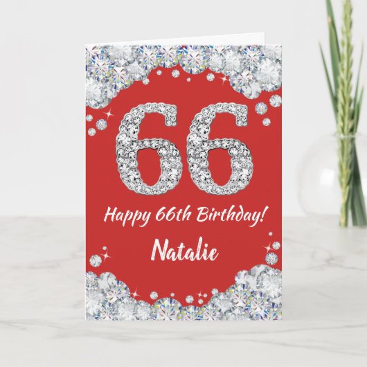 Happy 66th Birthday Red en Silver Glitter Card Kaart (Voorkant)