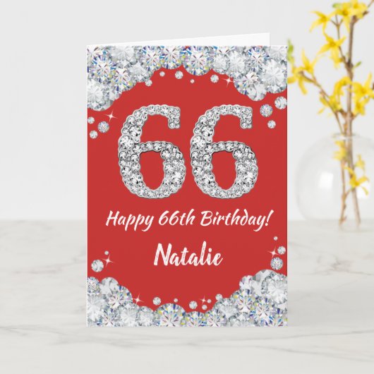 Happy 66th Birthday Red en Silver Glitter Card Kaart (Gele Bloem)