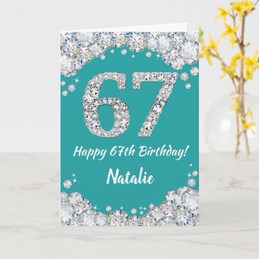 Happy 67th Birthday Blauwgroen en Silver Glitter C Kaart (Gele Bloem)
