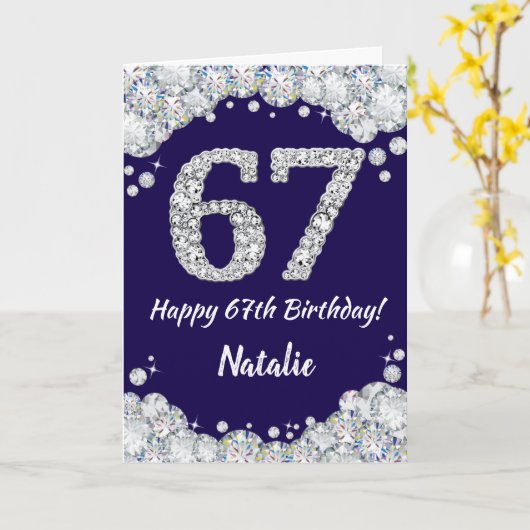 Happy 67th Birthday Navy Blue en Silver Glitter Kaart (Gele Bloem)