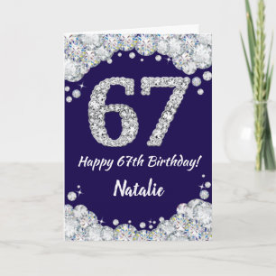 Happy 67th Birthday Navy Blue en Silver Glitter Kaart