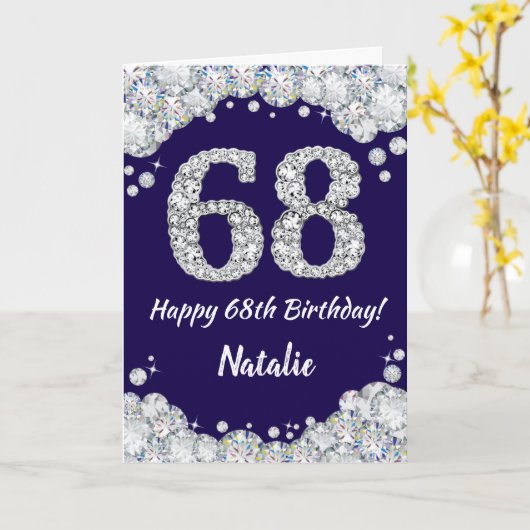 Happy 68th Birthday Navy Blue en Silver Glitter Kaart (Gele Bloem)