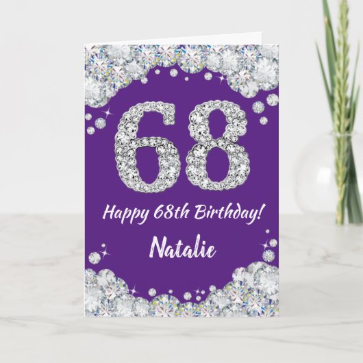 Happy 68th Birthday Paars en Silver Glitter Card Kaart (Voorkant)