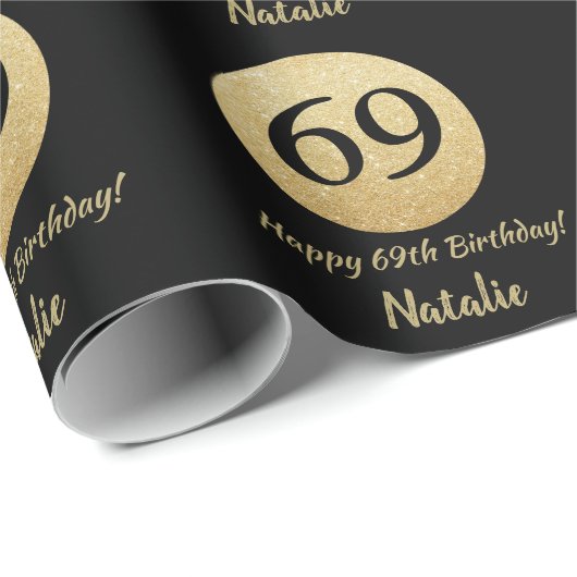 Happy 69th Birthday Black en Gold Glitter Cadeaupapier (Rol Hoek)