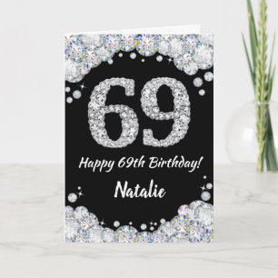 Happy 69th Birthday Black en Silver Glitter Card Kaart