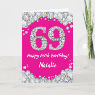 Happy 69th Birthday Hot Pink en Silver Glitter Kaart