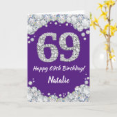 Happy 69th Birthday Paars en Silver Glitter Card Kaart (Gele Bloem)