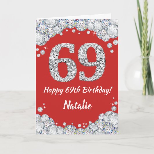 Happy 69th Birthday Red en Silver Glitter Card Kaart (Voorkant)