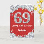 Happy 69th Birthday Red en Silver Glitter Card Kaart (Gele Bloem)