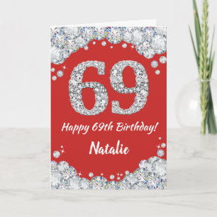 Happy 69th Birthday Red en Silver Glitter Card Kaart