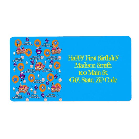 Happy 6th Birthday Adresetiketten, blauw en geel Etiket (Voorkant)