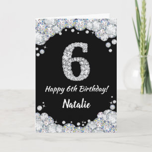 Happy 6th Birthday Black en Silver Glitter Card Kaart