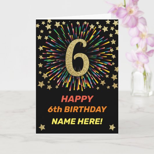 Happy 6th Birthday Black & Gold Rainbow Fireworks Kaart (Orchidee)