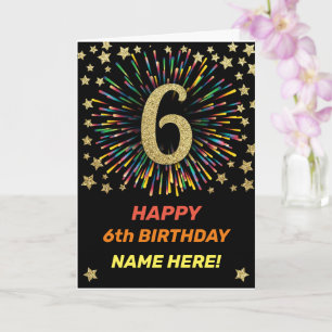 Happy 6th Birthday Black & Gold Rainbow Fireworks Kaart