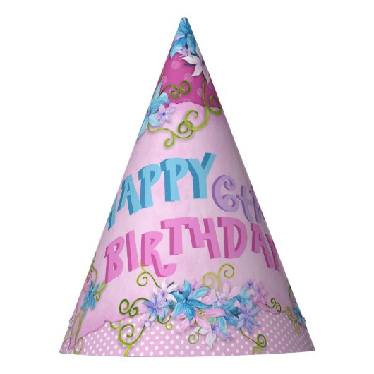 Happy 6th Birthday Floral Pink Paarse Polka Dots Feesthoedjes (Voorkant)