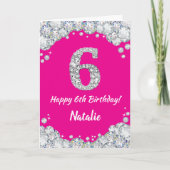 Happy 6th Birthday Hot Pink en Silver Glitter Kaart (Voorkant)