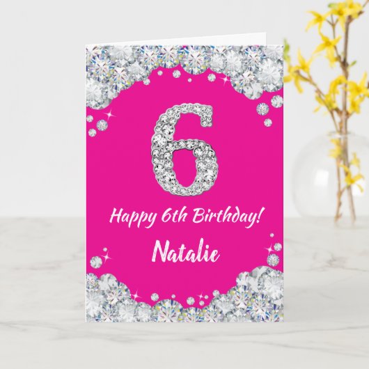 Happy 6th Birthday Hot Pink en Silver Glitter Kaart (Gele Bloem)