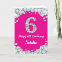 Happy 6th Birthday Hot Pink en Silver Glitter
