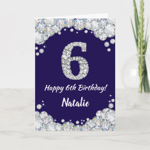 Happy 6th Birthday Navy Blue en Silver Glitter Kaart