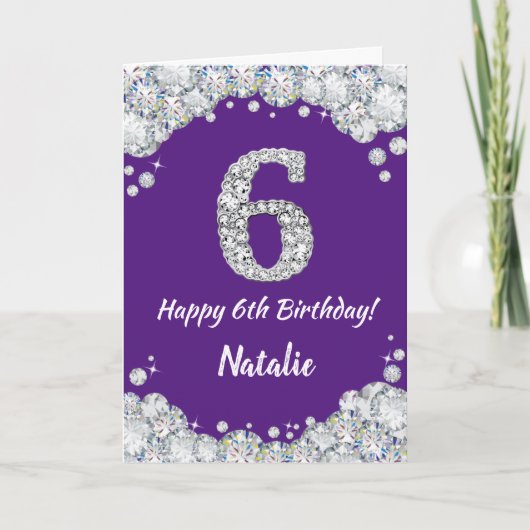 Happy 6th Birthday Paars en Silver Glitter Card Kaart (Voorkant)