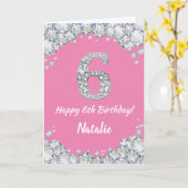 Happy 6th Birthday Pink and Silver Glitter Card Kaart (Gele Bloem)