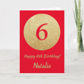 Happy 6th Birthday Red en Gold Glitter Card Kaart (Voorkant)