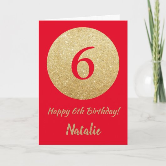 Happy 6th Birthday Red en Gold Glitter Card Kaart (Voorkant)