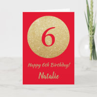 Happy 6th Birthday Red en Gold Glitter Card