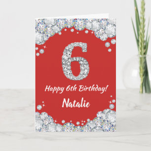 Happy 6th Birthday Red en Silver Glitter Card Kaart