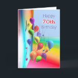 Happy 70th Birthday-ballonmuur Kaart<br><div class="desc">Een heldere Birthday-kaart met kleurrijke ballonnen en de tekst "Happy 70th Birthday" aan de voorkant en het versum aan de binnenkant.</div>