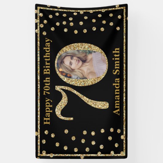 Happy 70th Birthday Banner Black en Gold Photo (Verticaal)