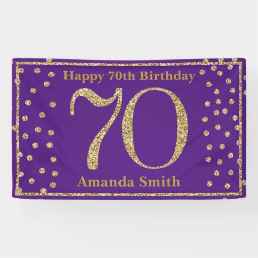 Happy 70th Birthday Banner Paars en Gold Glitter (Horizontaal)